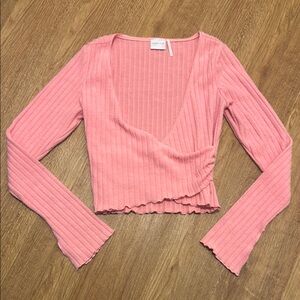 Urban Outfitters Medium Pink Ribbed Wrap Top Cropped Lettuce Trim Sweater